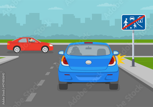 Fototapeta Naklejka Na Ścianę i Meble -  End of residential area and living street traffic sign. Blue sedan car is leaving home zone and stops at intersection. Back view. Flat vector illustration template.