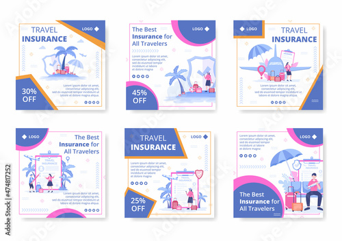 Travel Insurance Post Template Flat Design Illustration Editable of Square Background Suitable for Social media, Greeting Card and Web Internet Ads