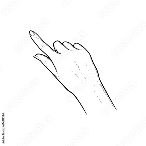 Index finger pointing on touchscreen or sensor device. Tap, swipe or slide finger gestures for devices with touchscreens. Sketch vector illustration isolated in white background
