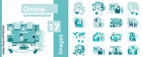 Online communication.A set of illustrations in business style.A collection of images on the topic of business relations and technology.Flat vector illustration.