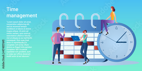 Time management.Planning .organization and control of the workflow.The concept of working time management.Poster in business style.Flat vector illustration.