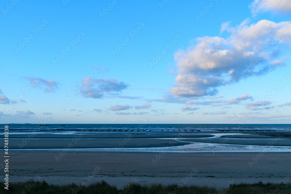 Utah Beach facing the Channel Sea in Europe, France, Normandy, towards Carentan, in spring, on a sunny day.