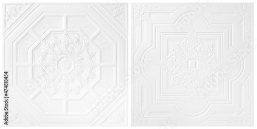 Canvas-taulu White Patterns on the ceiling gypsum sheets two style of white flowers  isolated