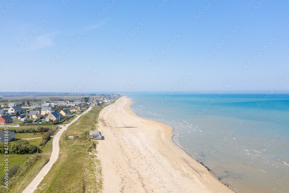 Utah Beach and its traditional houses in Europe, France, Normandy, Manche, in spring, on a sunny day.