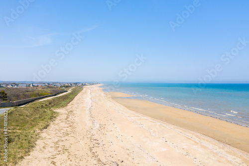 The long beach of Utah Beach in Europe  France  Normandy  Manche  in spring on a sunny day.