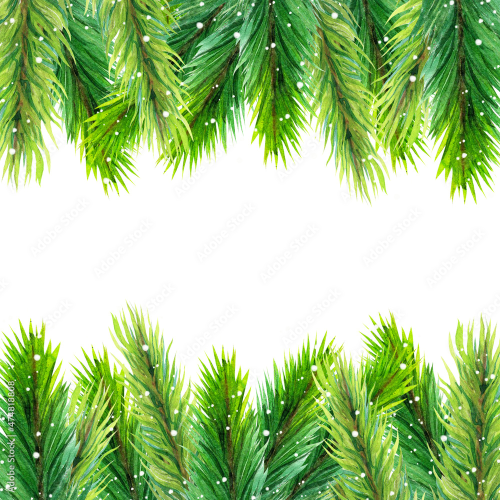 Frame of watercolor coniferous branches. Hand-drawn evergreen twigs - spruce, fir, pine, cedar. Christmas decoration with snowflakes. Seasonal botanical ornament with copy space.