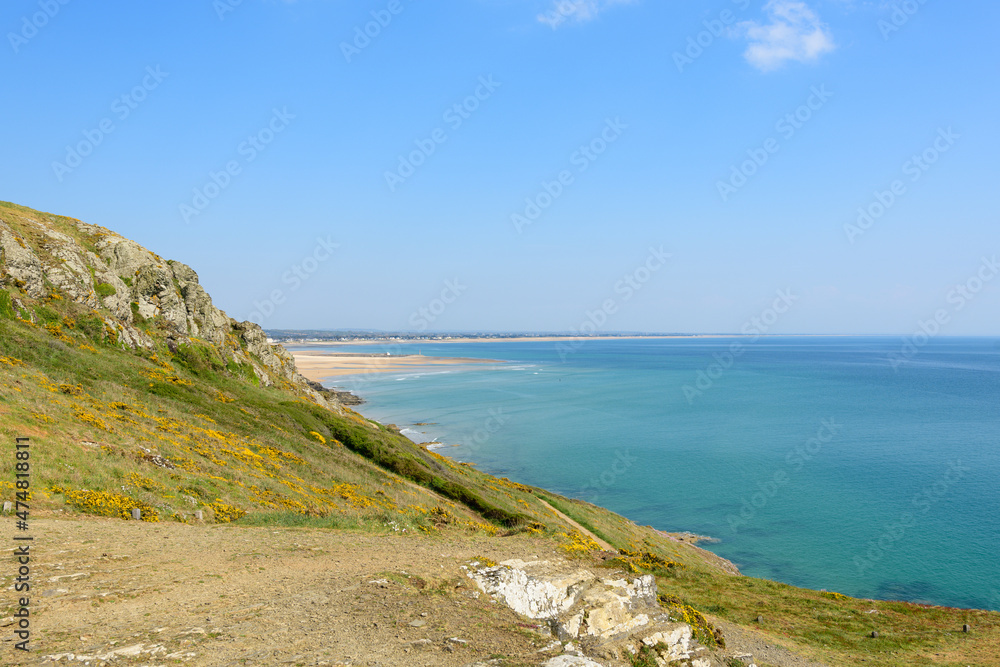 Barneville beach seen from Cap de Carteret in Europe, France, Normandy, Manche, in spring, on a sunny day.