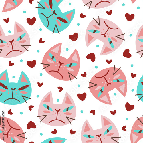 Grumpy faces of cats seamless vector pattern. Cute sad kittens with hearts, flat style. Hand drawn cartoon background, funny animal concept for valentine's day. Festive backdrop, childish sketch.