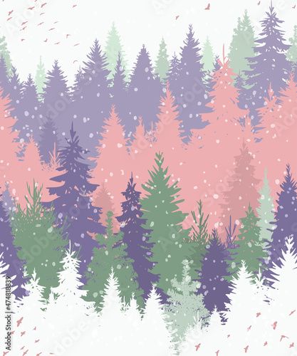 Seamless pattern with a forest and a flock of birds. Winter vector Christmas landscape with fir trees and snow. Fabulous multicolor print with trees on the horizon