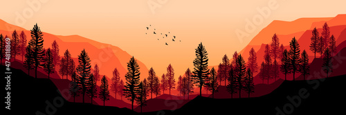 sunset mountain with bird and tree silhouette flat design vector illustration good  for wallpaper  background  backdrop design  template design and tourism design template 
