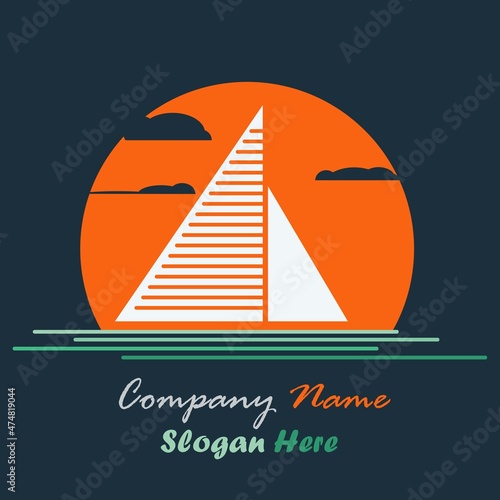 white sailing ship and clouds in the middle of the sea logo vector illustration design