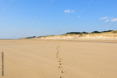 The fine sand of the Plage de la Vieille Eglise in Europe  France  Normandy  Manche  in spring  on a sunny day.