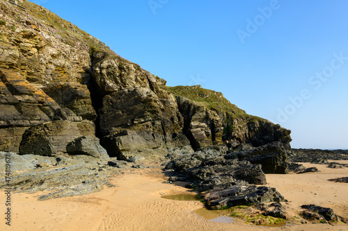 The Cap de Carteret and its rocky cliffs in Europe, France, Normandy, Manche, in spring, on a sunny day.