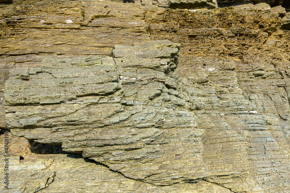 Obraz premium The eroded rocks of Cap de Carteret in Europe, France, Normandy, Manche, in spring, on a sunny day.