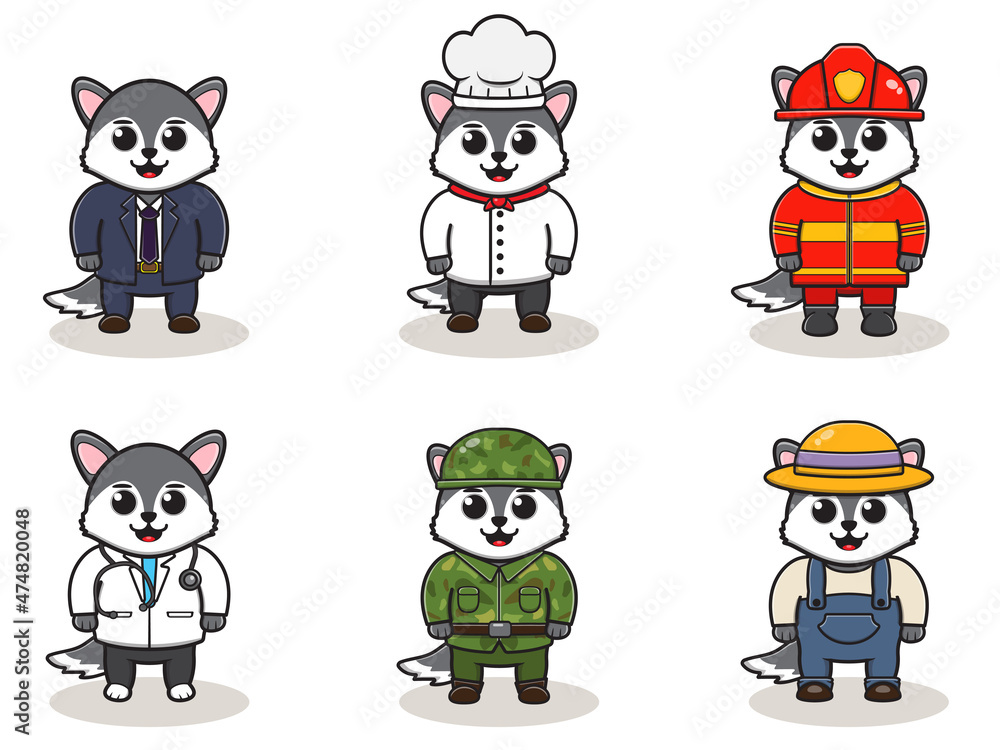 Vector illustration with cute Wolf of different professions. cute job Animal cartoon bundle set. Vector illustration with cute Wolf of different professions. cute job Animal cartoon bundle set.