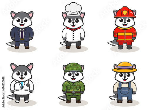 Vector illustration with cute Wolf of different professions. cute job Animal cartoon bundle set.