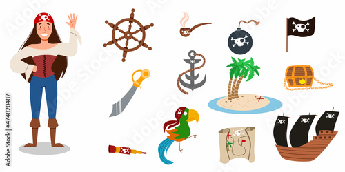 A set of pirate items. greeting of the pirate character of a girl in a suit, in a bandana. vector illustration of a pirate sailor isolated on a white background