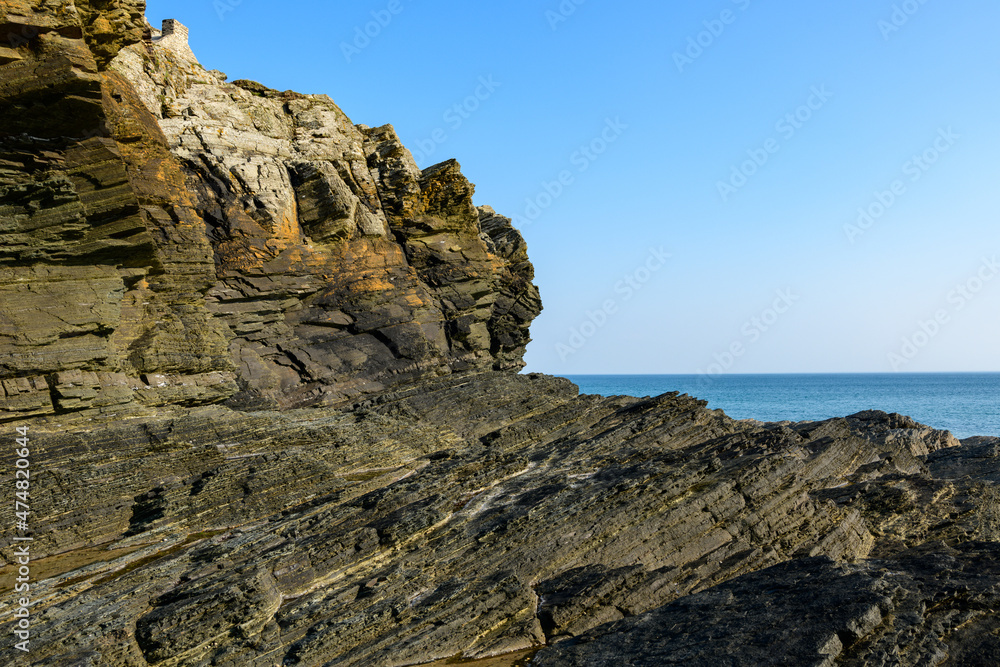 The rocks of Cap de Carteret facing the Channel Sea in Europe, France, Normandy, Manche, in spring, on a sunny day.