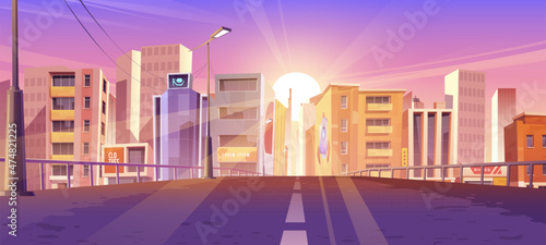 Sunrise in modern city, urban skyline with sun rising above skyscraper buildings, view from bridge. Morning metropolis cityscape with road and houses, town architecture, Cartoon vector illustration