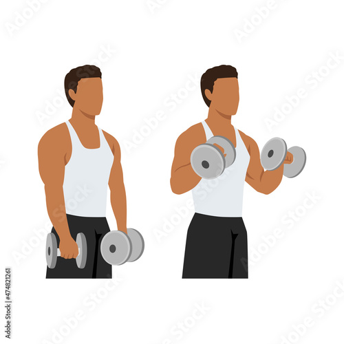 Man doing Dumbbell bicep reverse curls exercise. Flat vector illustration isolated on white background