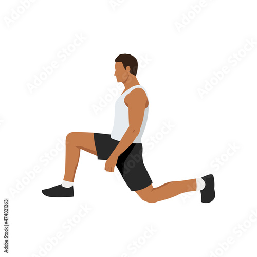 Man doing half kneeling hip flexor stretch exercise. Flat vector illustration isolated on white background 