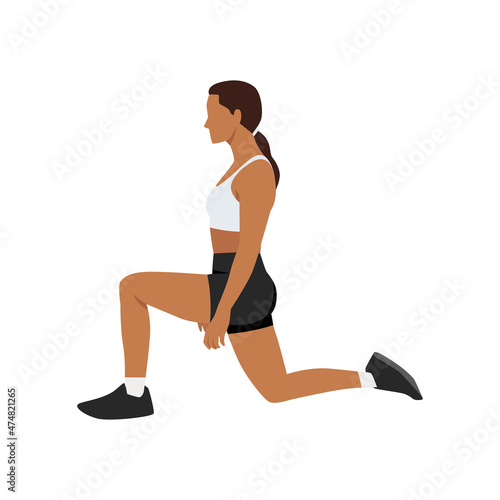 Woman doing half kneeling hip flexor stretch exercise. Flat vector illustration isolated on white background 