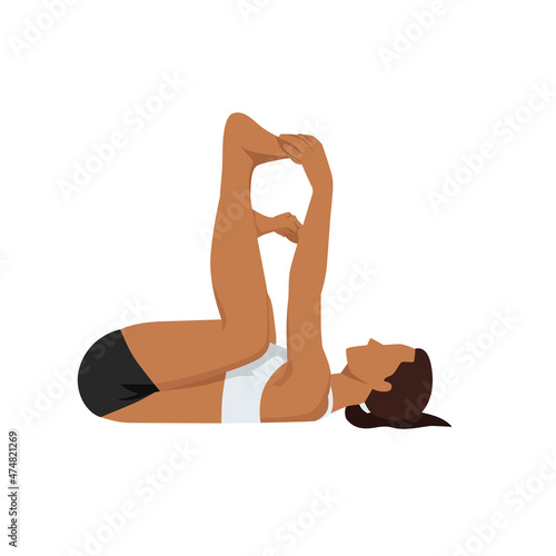 Woman doing happy baby pose exercise. Flat vector illustration isolated on white background