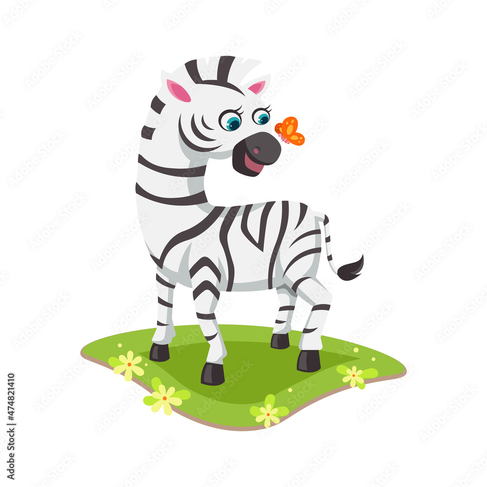zebra with butterfly cartoon vector illustration