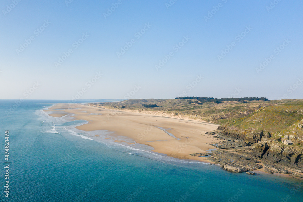 The beach at the foot of Cap de Carteret in Europe, France, Normandy, Manche, in spring, on a sunny day.