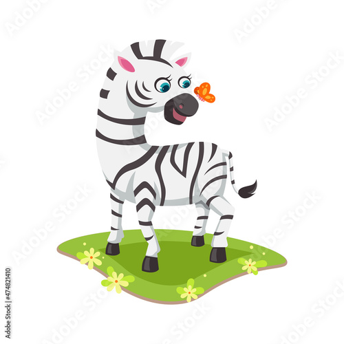 zebra with butterfly cartoon vector illustration