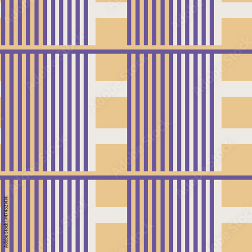 Check plaid, striped modern vintage background in purple, beige and yellow colors. Fashion seamless pattern