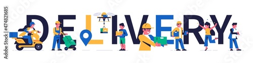 Online parcel delivery service concept. Couriers with parcels and happy recipients of delivery of orders on the background of the inscription. Moto  box  drone  people. Flat vector illustration