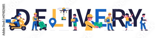 Online parcel delivery service concept. Couriers with parcels and happy recipients of delivery of orders on the background of the inscription. Moto, box, drone, people. Flat vector illustration