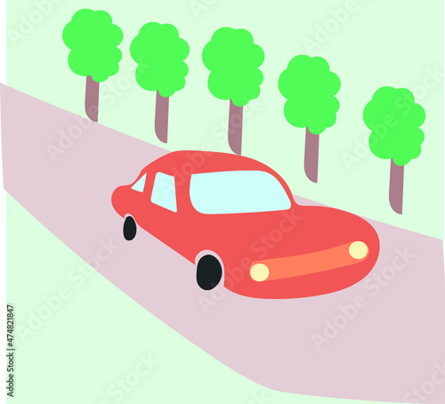 木のある道路を走る車のイラスト
