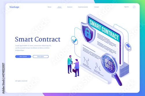 Smart contract isometric landing page. Concept of electronic signature, blockchain crypto technology. Businessmen handshake at huge tablet with digital online e-contract document 3d vector web banner