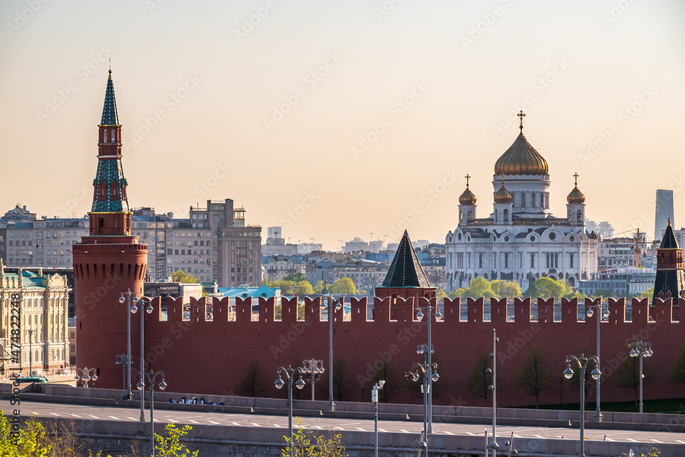 View of the Kremlin wall and the Cathedral of Christ the Savior in Moscow