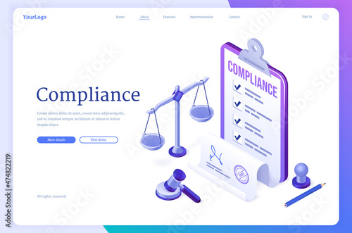 Compliance isometric landing page, concept of business policy documents for law legal regulation quality and procedures with document scales, gavel, seal stamp and pencil, 3d vector web banner