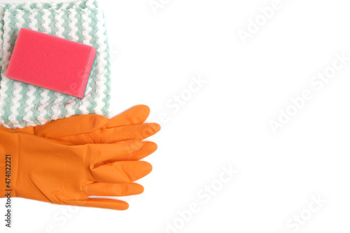 Wet cleaning gloves, sponge and rag on white background.Utilities cleaning and cleaning premises.