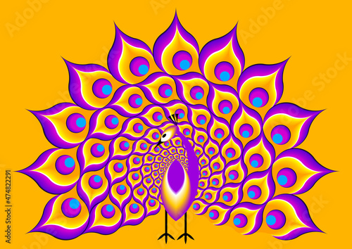 Peacock with yellow and purple tail. Spin illusion.