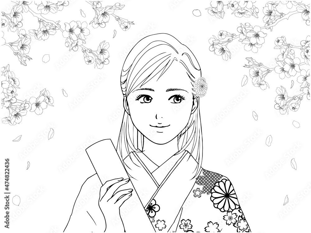 Obraz premium 袴の女性とさくら_線画_横目