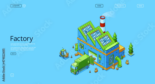 Factory isometric landing page, truck loading freight at industrial plant building. Refinery or gas power station facilities, energy production architecture with pipe, 3d vector line art web banner