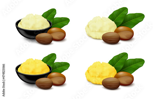 Shea (Vitellaria paradoxa) butter in various colors (ivory, yellow) with nuts (shelled, unshelled) and leaves isolated on white background. Side view. Realistic vector illustration.