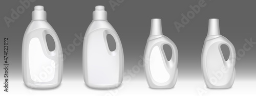 Household chemicals bottles, detergent tubes with handles mockup. Isolated white blank plastic cleaning package. Liquid soap, stain remover, laundry bleach or cleaner template, Realistic 3d vector set