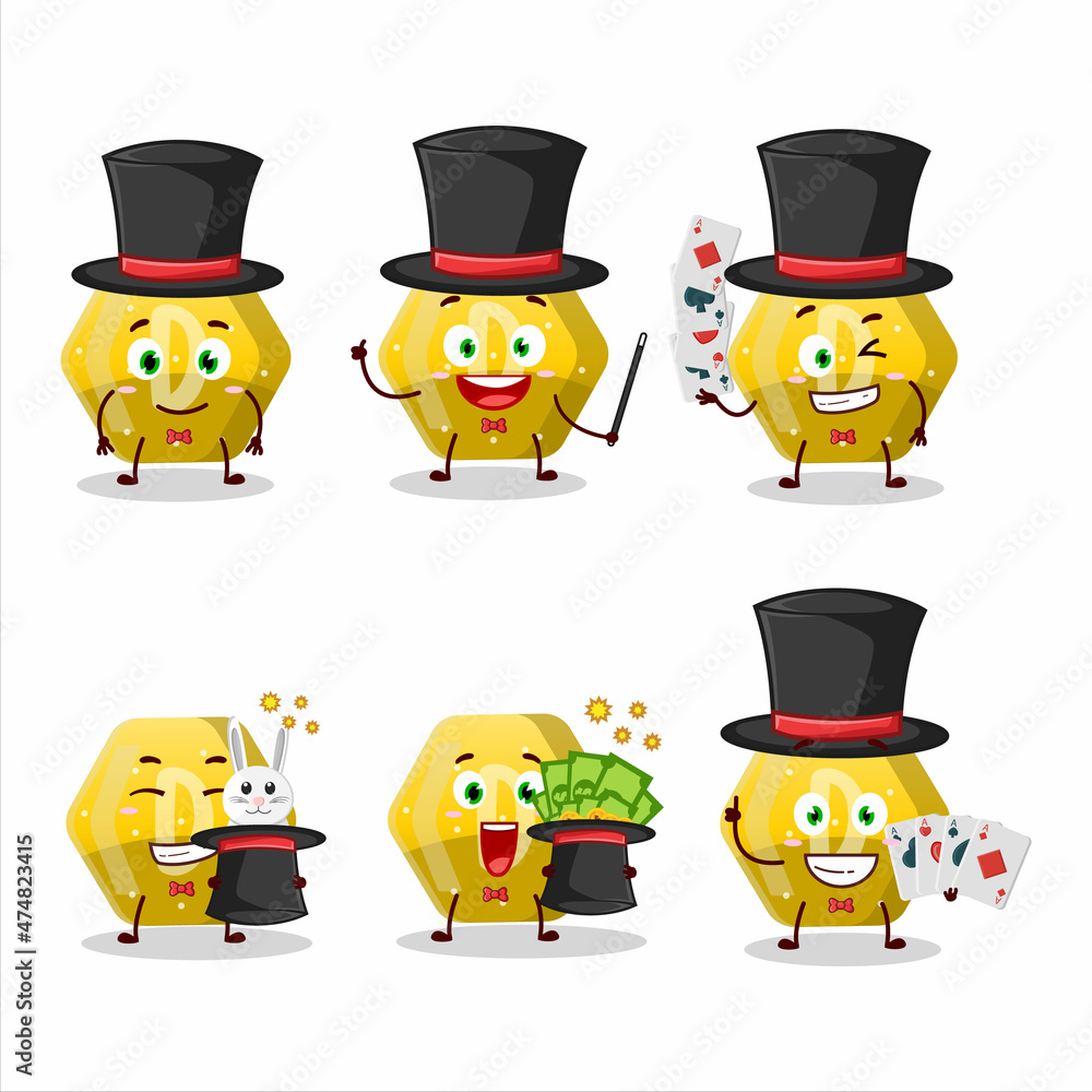 A Yellow gummy candy D Magician cartoon character perform on a stage A Yellow gummy candy D Magician cartoon character perform on a stage