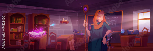 Man wizard in magic school classroom. Vector cartoon illustration of sorcerers class interior with open book of spell, crystal ball, chalkboard, bookcases and young warlock student with wooden staff