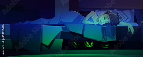 Monsters hiding under bed with sleeping woman. Vector cartoon illustration of bedroom interior at night, girl sleep and glowing green eyes of scary creatures, boogeyman or ghosts