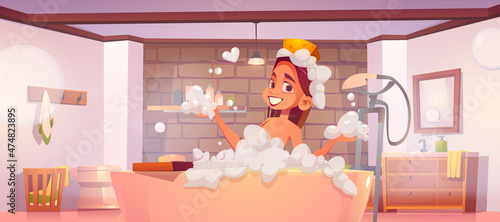 Woman taking bath with foam. Vector cartoon illustration of girl relax in tub with bubbles. Bathroom interior with shower, mirror and female character with sponge and soap suds on head