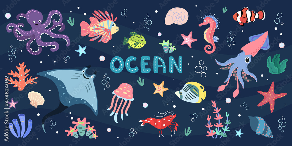 Ocean set with underwater animals. Illustration with octopus, shrimp, stingray, coral and fishes.