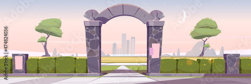 Early morning cityscape with stone gates, entrance to city garden or park. Urban skyline with hedge fence and trees. Sunrise background with pink sky, crescent and stars, Cartoon vector illustration
