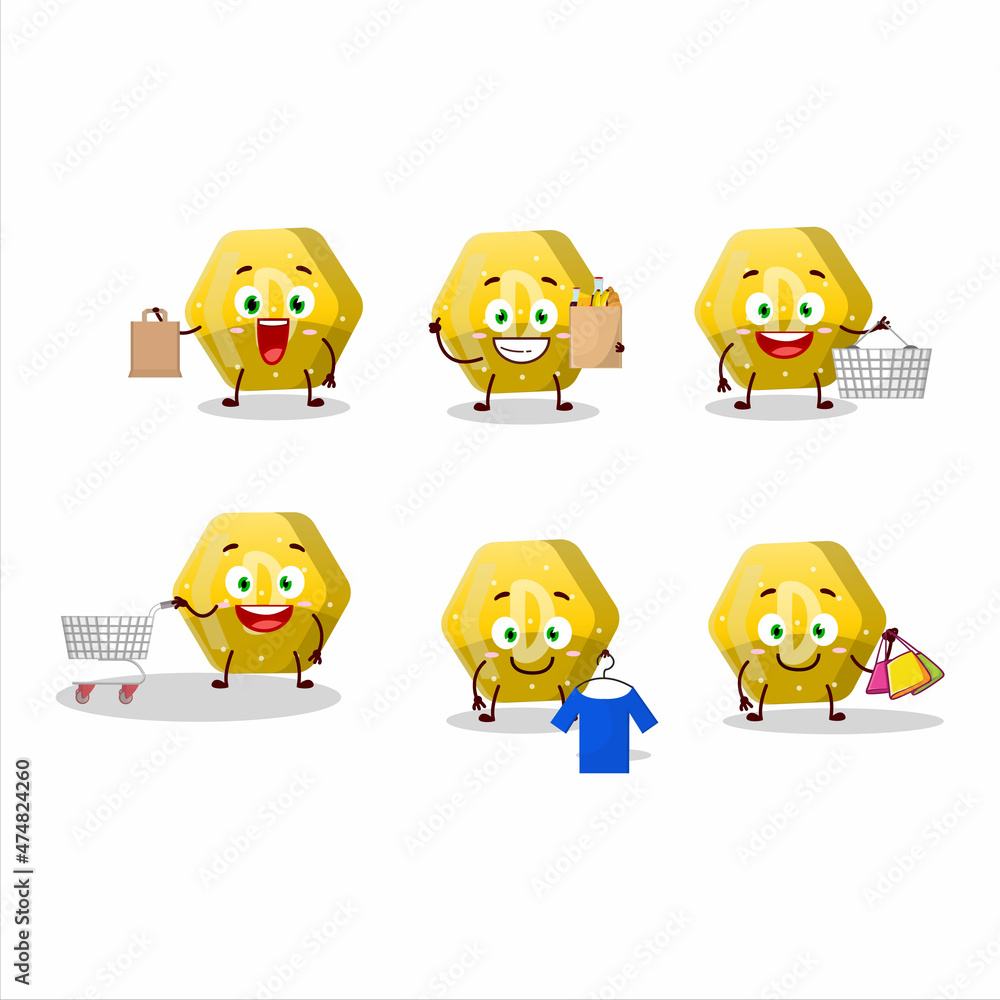A Rich yellow gummy candy D mascot design style going shopping A Rich yellow gummy candy D mascot design style going shopping